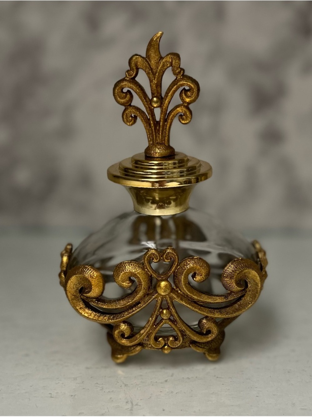 Vintage Gold Ormolu Perfume Bottle Hollywood Regency Heart Filigree Vanity Decor